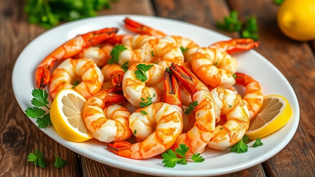 Delicious Baked Shrimp with Garlic and Herbs Baked shrimp on a white plate, garnished with parsley and lemon wedges.
